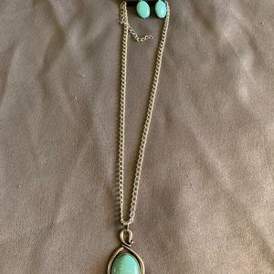 Silver and turquoise necklace with low dangle earrings